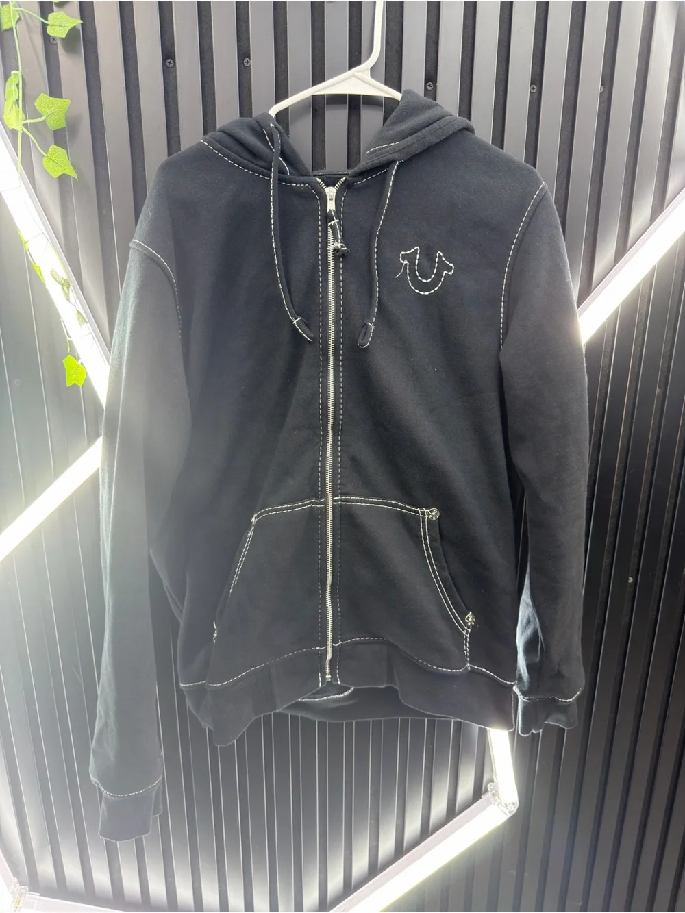 True Religion Black Full-Zip Hooded Sweatshirt with Contrast Stitching